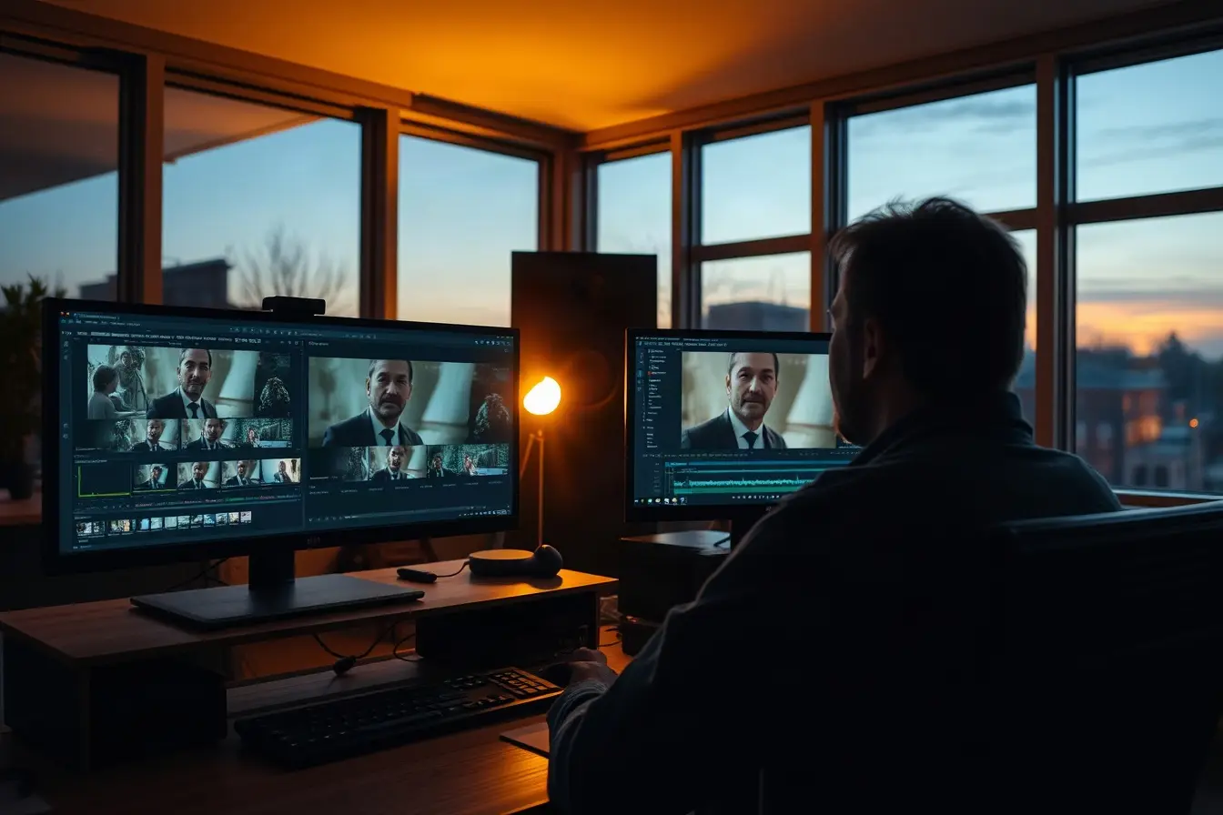 A professional video editing suite at dusk